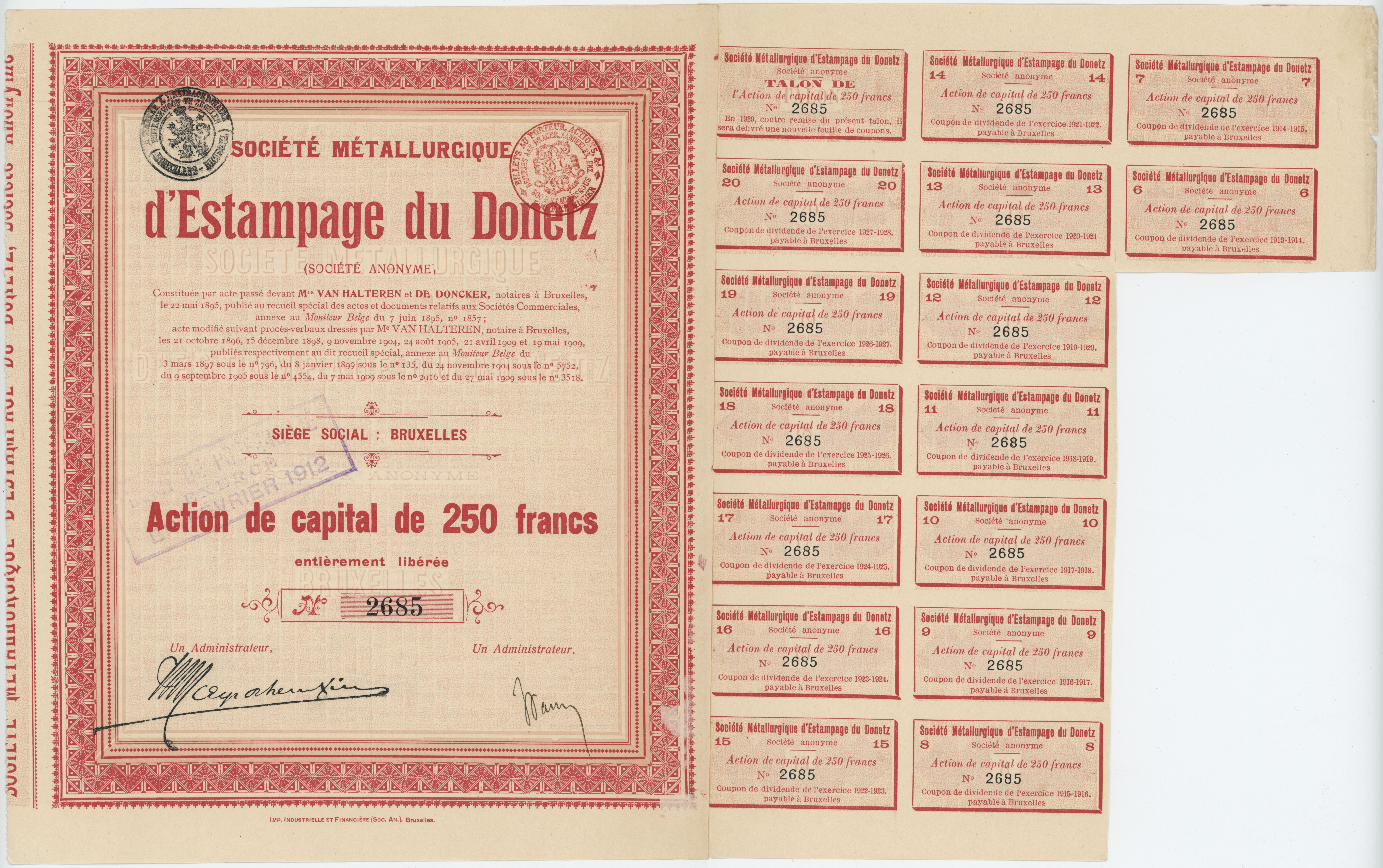 Акція №2685 250 франків Societe Metallurgique D'estampage du Donetz